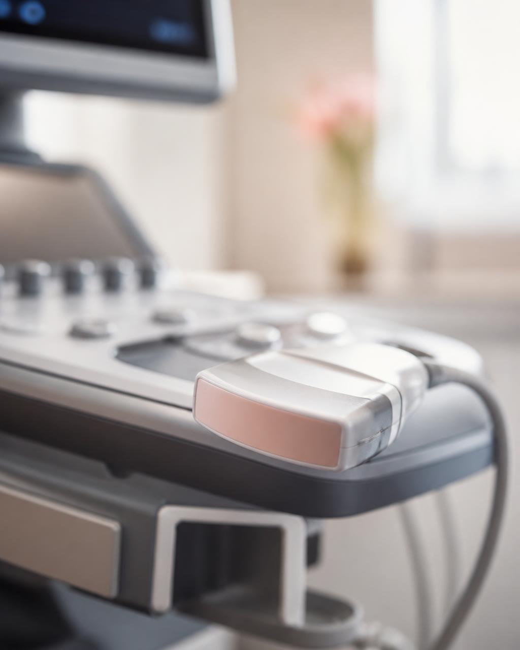 Detailaufnahme eines Ultraschallkopfes am kardiologischen Diagnostikgerät